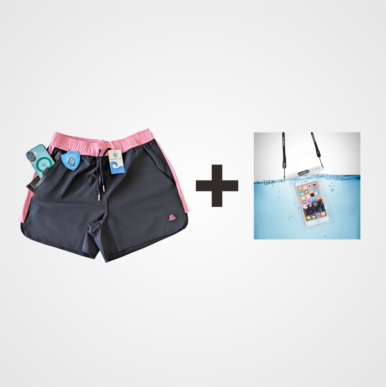 Women's Swim Shorts with Waterproof Pocket Bundle- Sunrise Pink +Transparent Medium Phone Pouch AquaStash