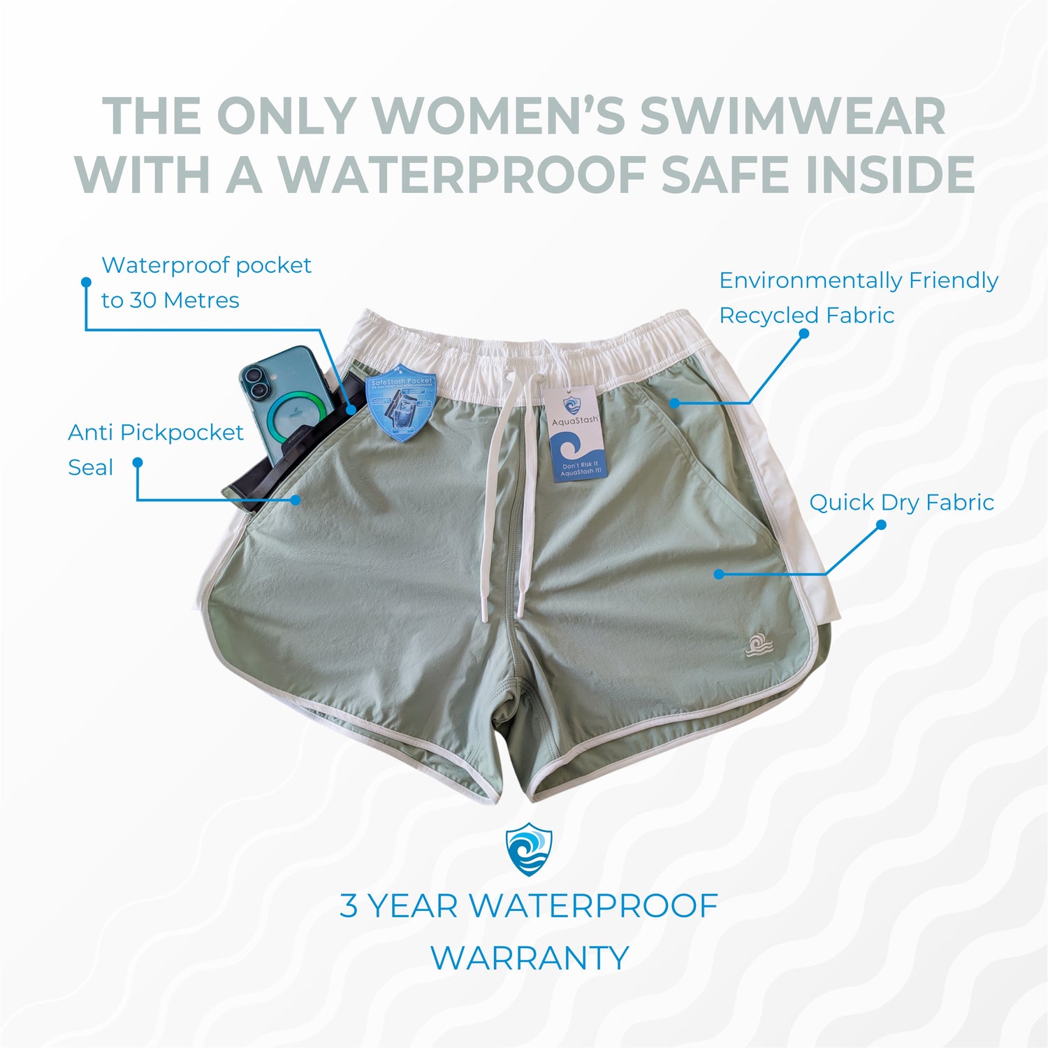 Women's Swim Shorts with Waterproof Pocket -Hinterland Green AquaStash