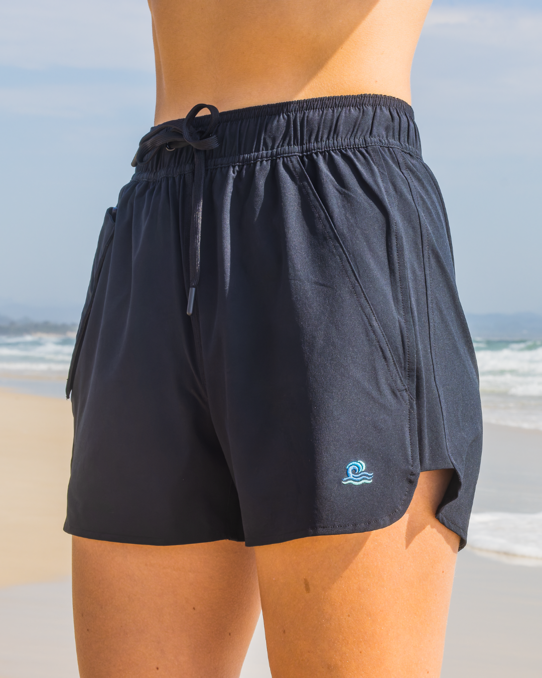 Womens Swim Shorts with Waterproof Pocket - Black AquaStash