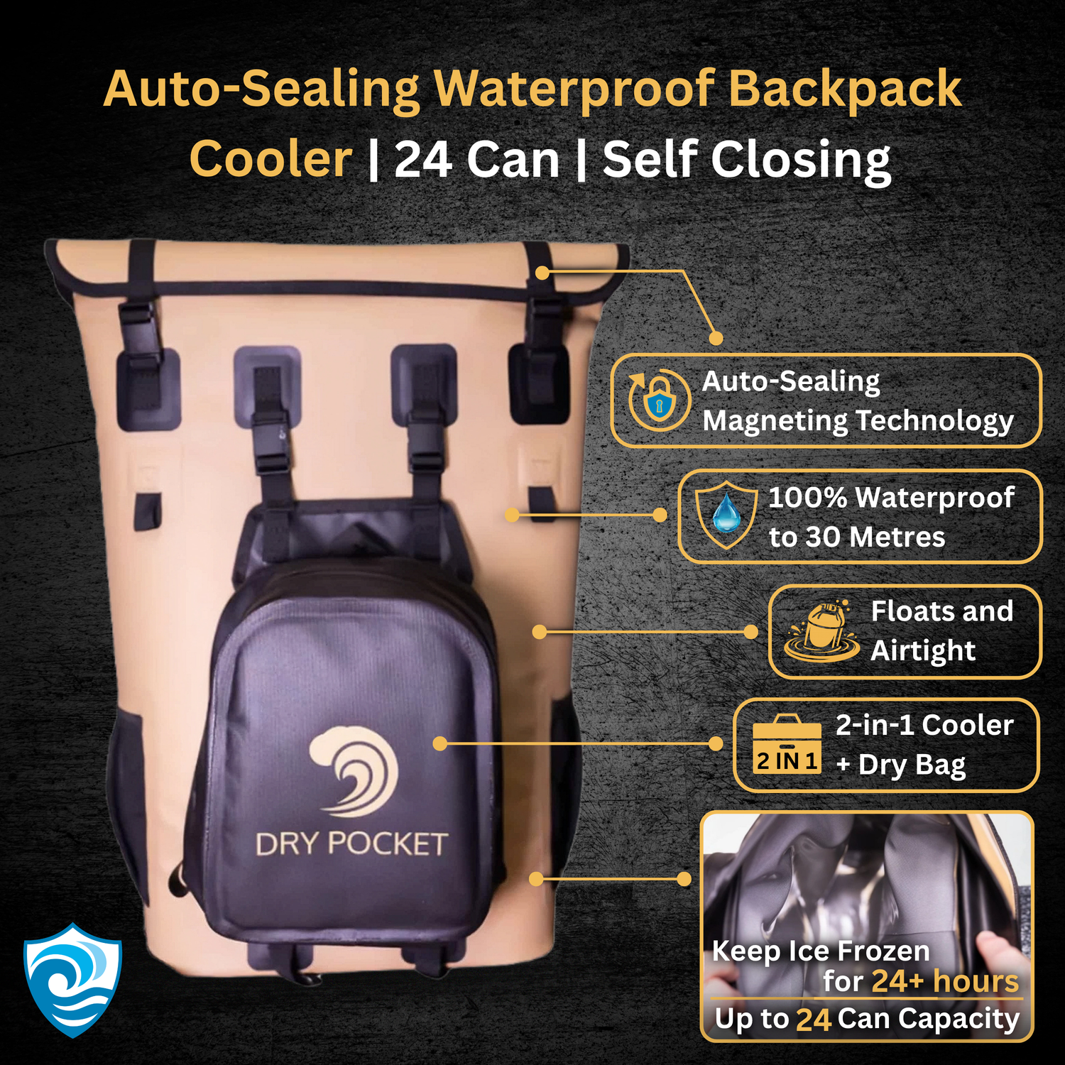 Auto-Sealing Waterproof Backpack Cooler | 24 Can | Self Closing Dry Pocket Apparel