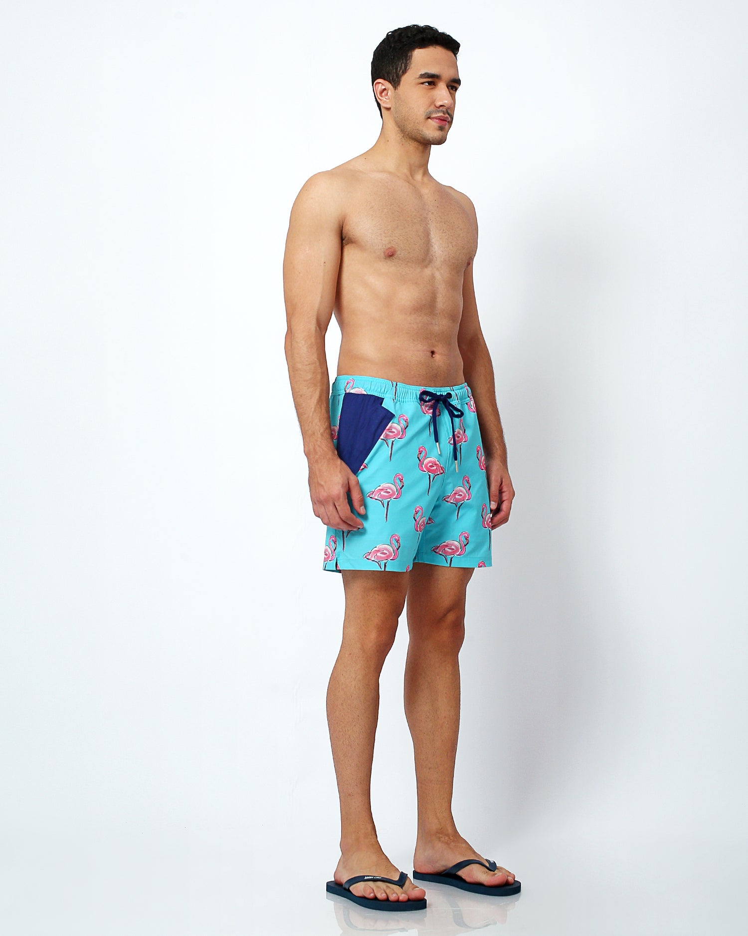 flamingo pattern mens swim shorts