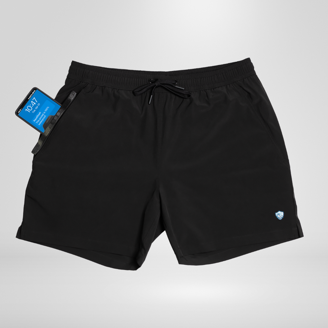 Men’s Swim Shorts with Waterproof Pocket – Black AquaStash