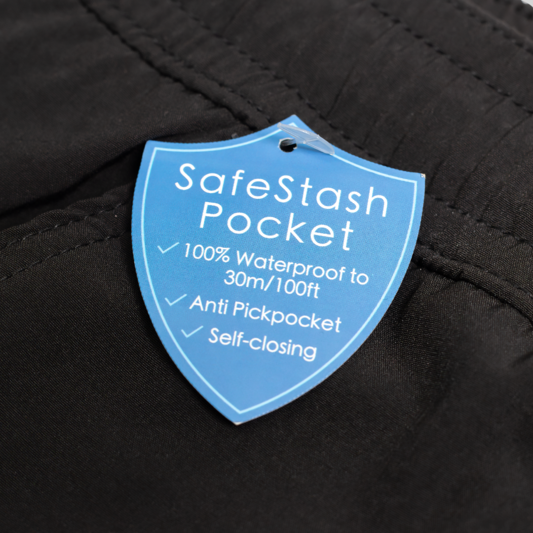Men’s Swim Shorts with Waterproof Pocket – Black AquaStash