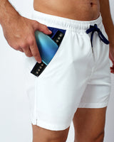 phone sitting in waterproof pocket of swim shorts