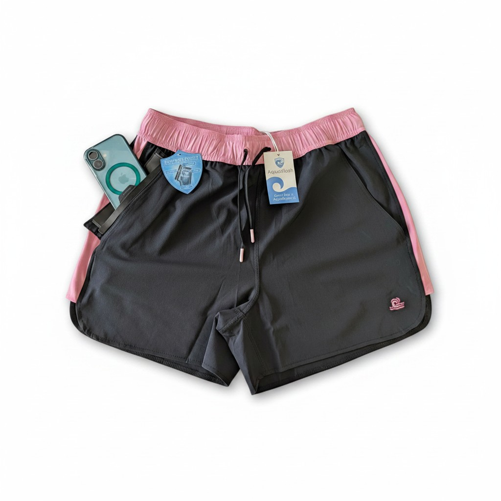 Womens Swim Shorts with Waterproof Pocket - Sunrise Pink AquaStash
