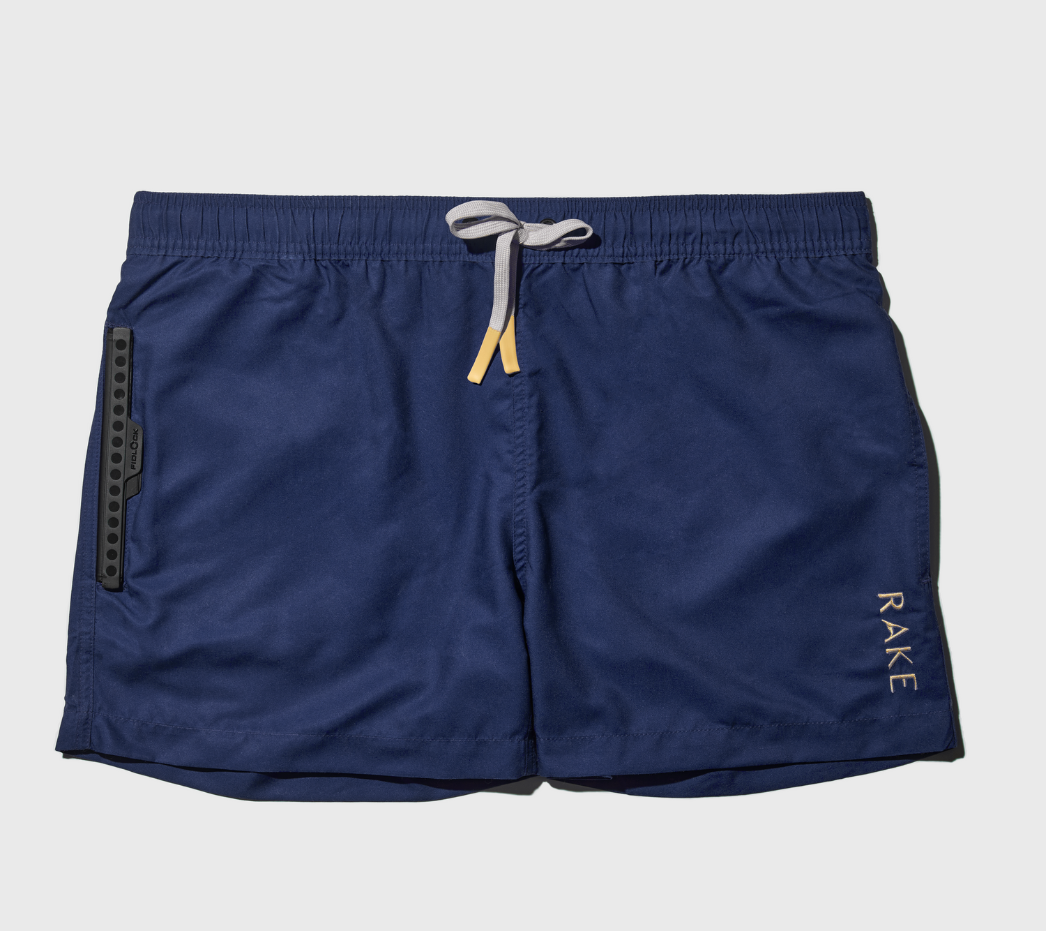 Navy blue shorts with a drawstring on a light gray background