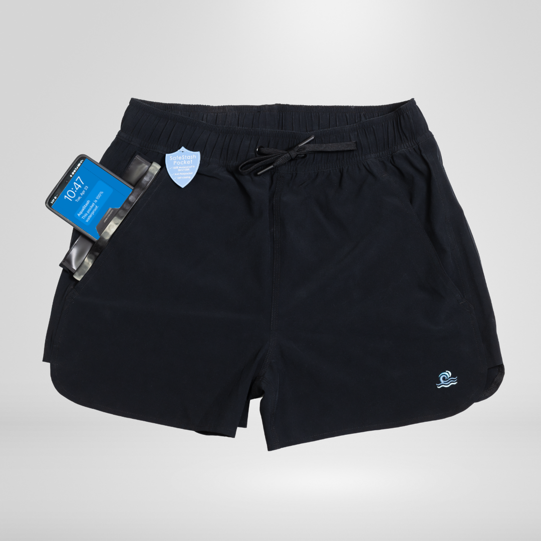Womens Swim Shorts with Waterproof Pocket - Black AquaStash