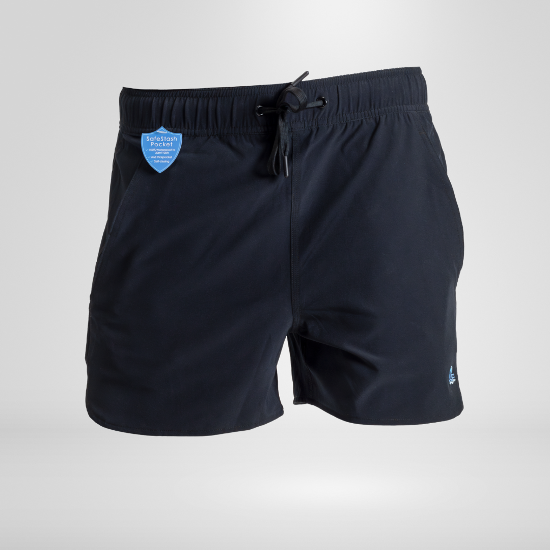 Womens Swim Shorts with Waterproof Pocket - Black AquaStash