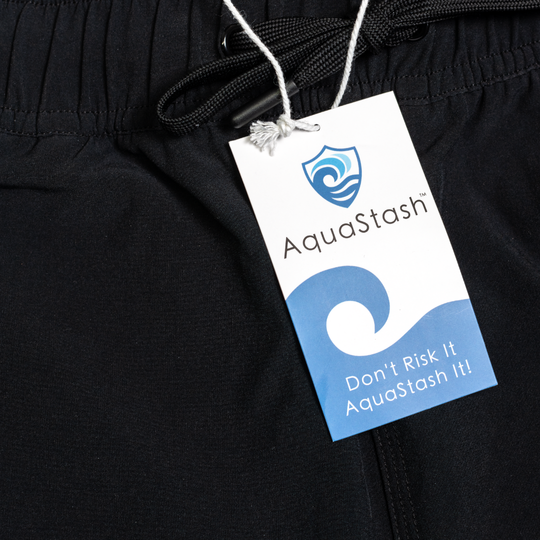 Womens Swim Shorts with Waterproof Pocket - Black AquaStash