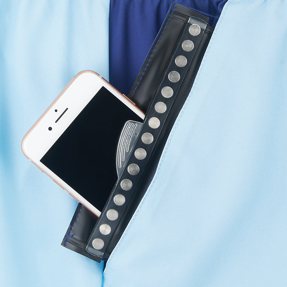 phone sitting in waterproof pocket, swim shorts