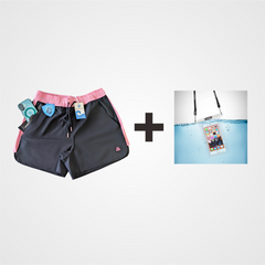 Women's Swim Shorts with Waterproof Pocket Bundle- Sunrise Pink +Transparent Medium Phone Pouch AquaStash
