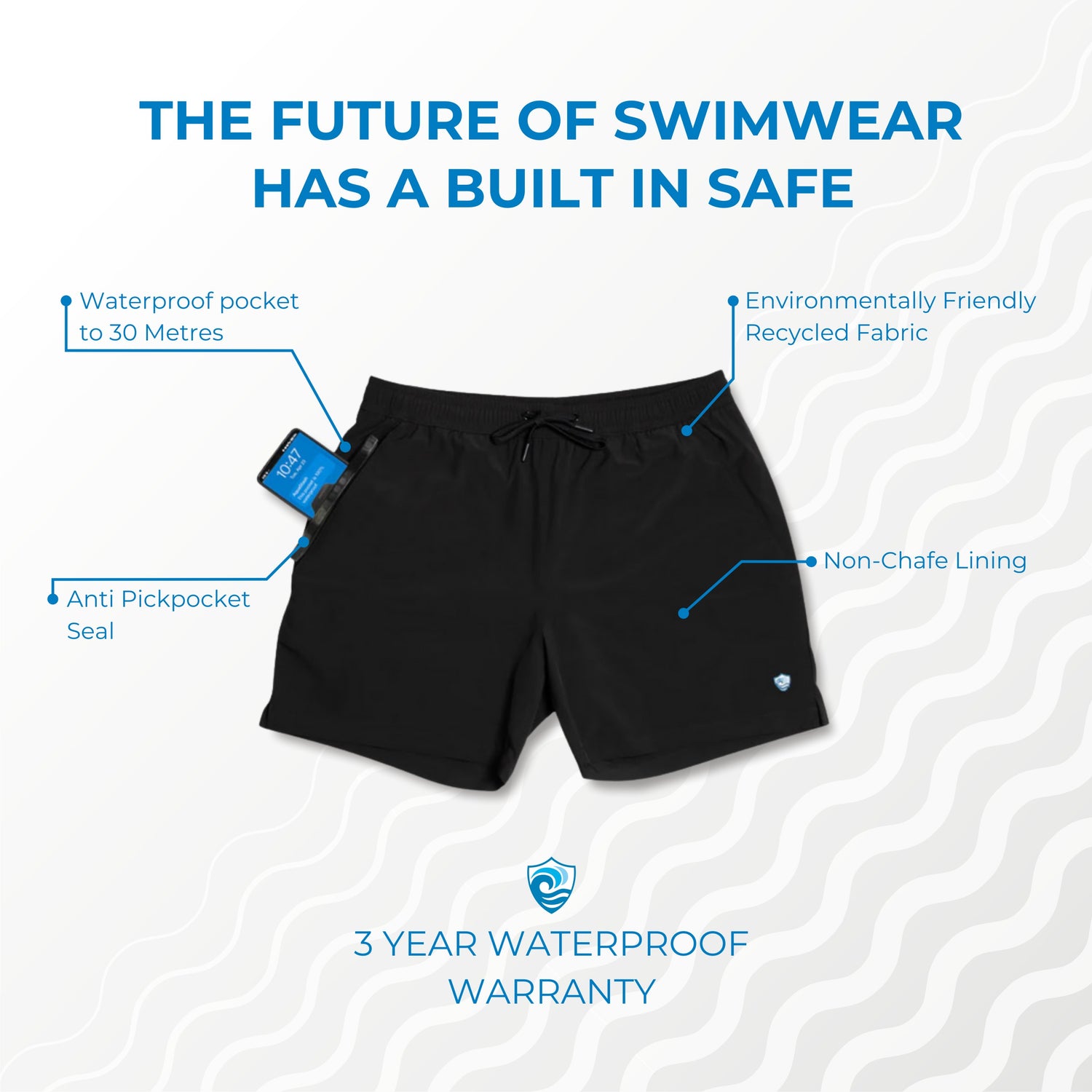 Men’s Swim Shorts with Waterproof Pocket – Black AquaStash