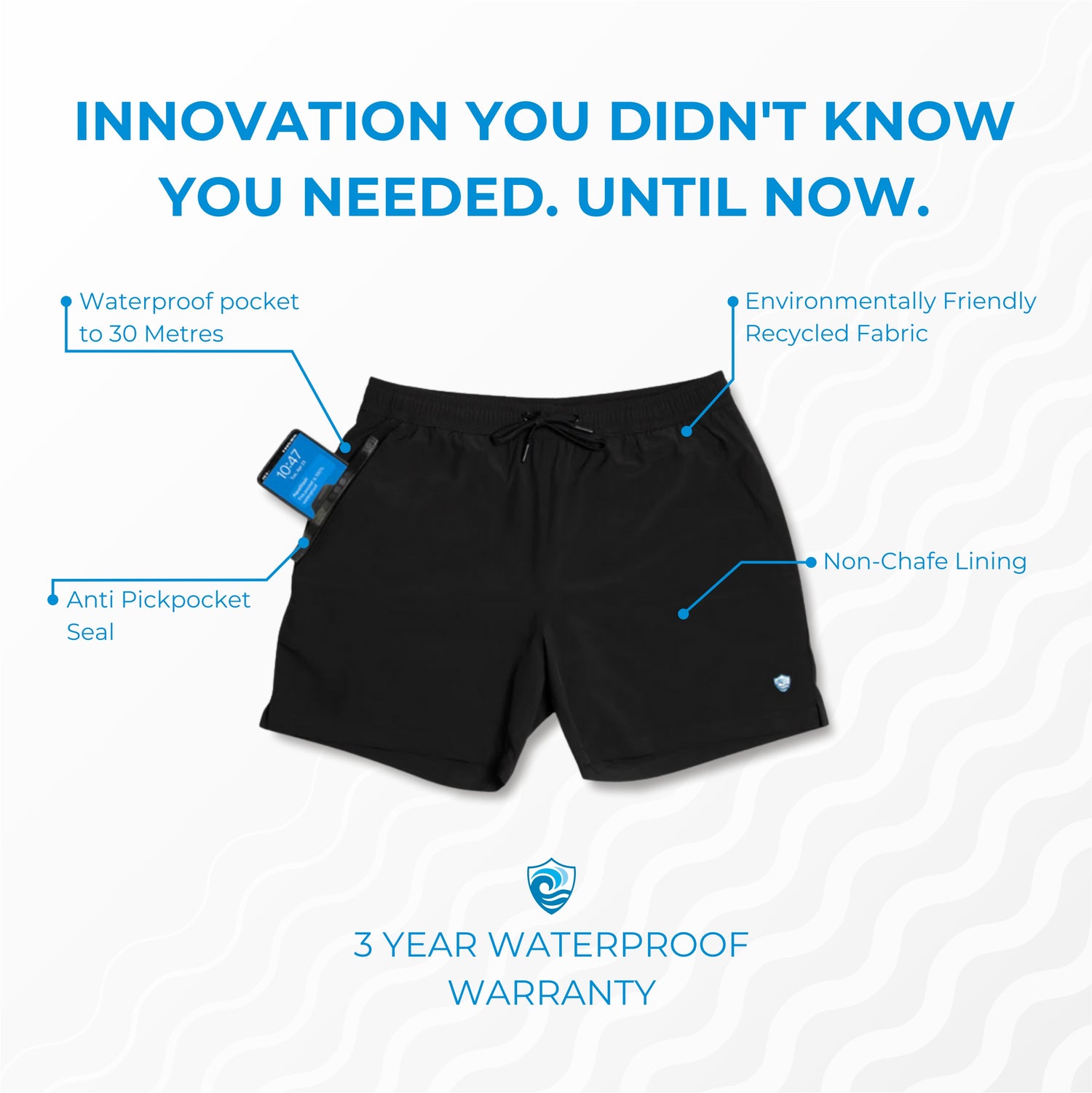 Men’s Swim Shorts with Waterproof Pocket – Black AquaStash