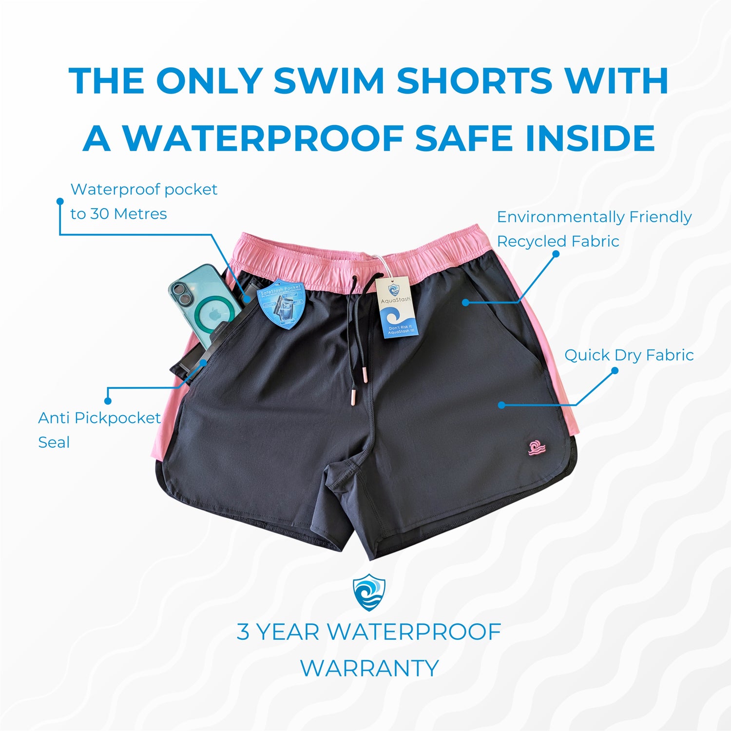 Women's Swim Shorts with Waterproof Pocket Bundle- Sunrise Pink +Transparent Medium Phone Pouch AquaStash