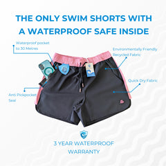 Women's Swim Shorts with Waterproof Pocket Bundle- Sunrise Pink +Transparent Medium Phone Pouch AquaStash