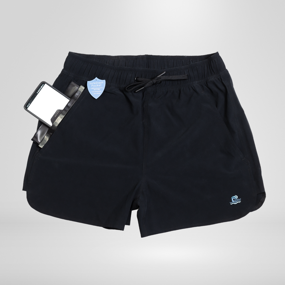 Womens Swim Shorts with Waterproof Pocket - Black
