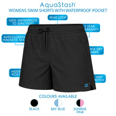 Women's Mid Length Swim Shorts With Waterproof Pocket | The Pass – Black AquaStash
